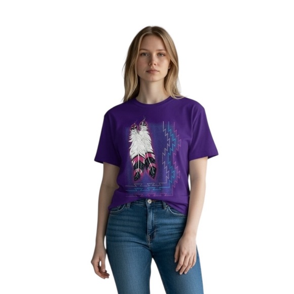 Vintage 80s Boho Feather Puff Paint Graphic Tee - Picture 1 of 5